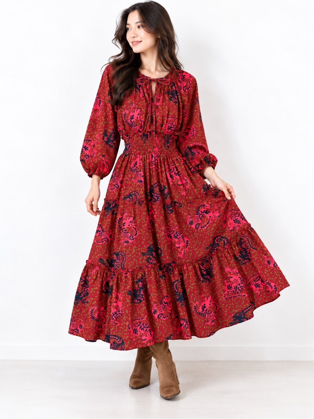 Easel Boho Tiered Maxi Dress Smocked Waist Long Sleeve Burgandy coral pink dress